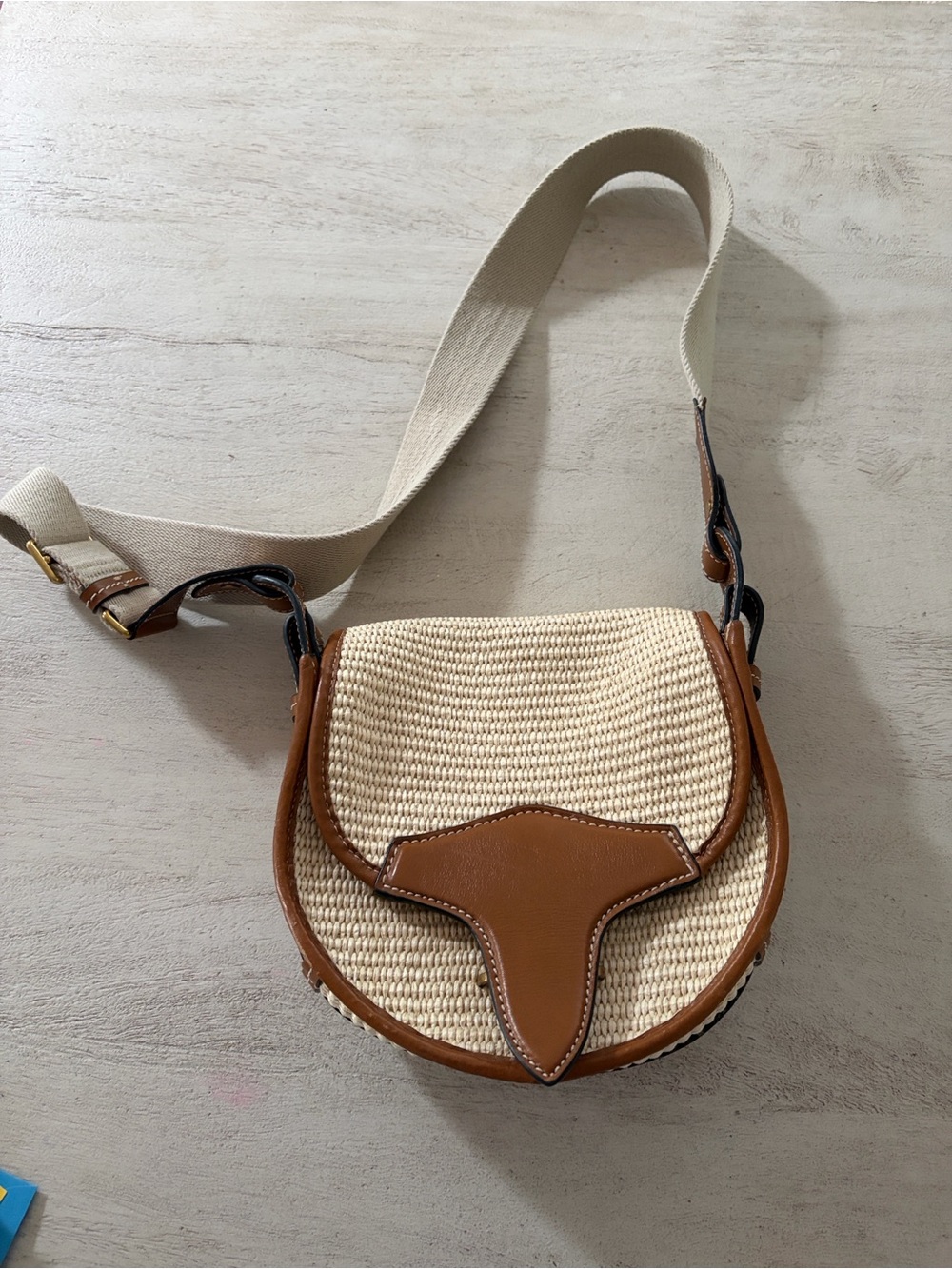 Isabel Marant Cream Woven Crossbody with Brown Leather Trim